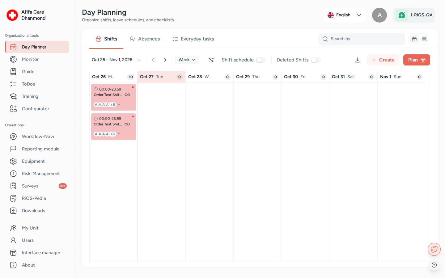 Day Planner, tab Shifts